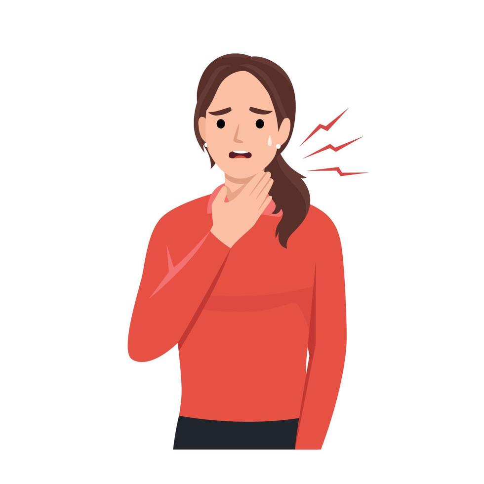 Young female having sore throat symptom isolated on white background. Character for covid-19, cold and flu, Pharyngitis or tonsil inflammation symptom. Flat vector cartoon.