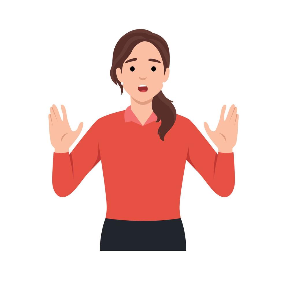 Oh no, stop there. Serious beautiful woman rejects offer, pulls palms in no gesture, asks to stop this. Flat vector illustration isolated on white background