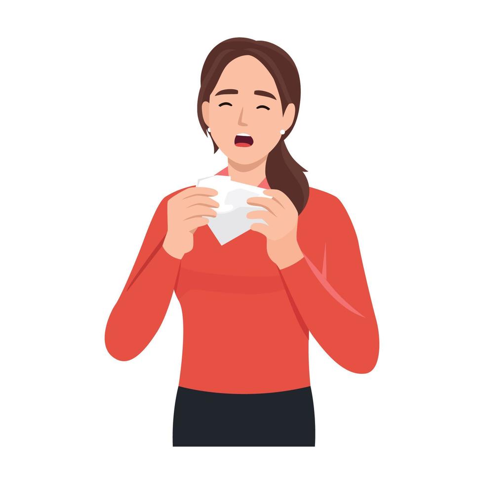 Woman sick and sad with sneezing on nose and cold cough on tissue paper because influenza and weak or virus bacteria. Flat vector illustration isolated on white background