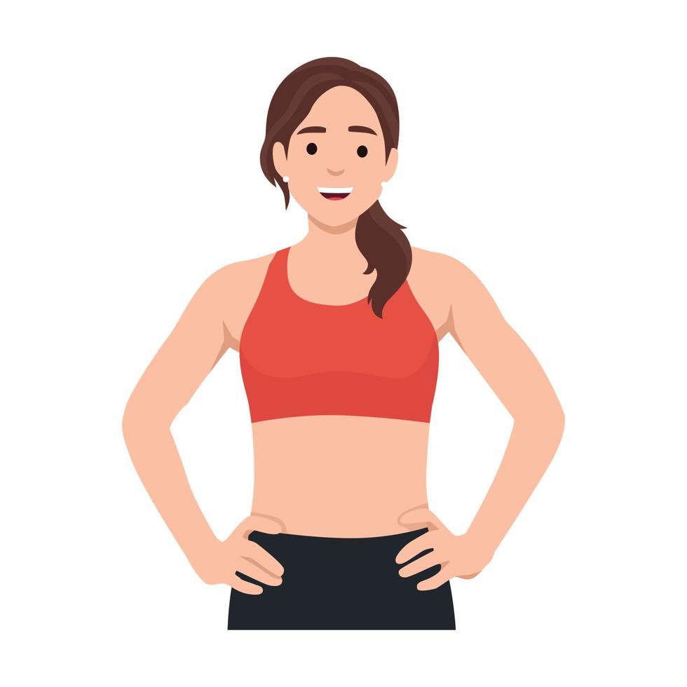 Young woman with a toned body in Fitness suit or sports bra with her hands on hips. Flat vector illustration isolated on white background