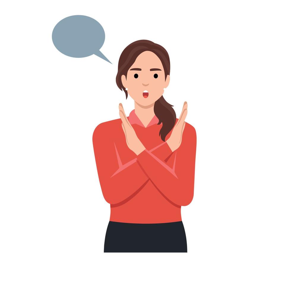 Young female say NO with negative gesture. Concept of rejection, refusing denial, disagree woman choice decision. Flat vector illustration isolated on white background
