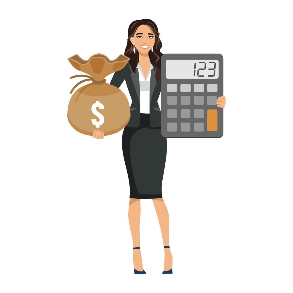 Professionals who manage assets on a deliberate basis. A person standing with a calculator and a person holding a pile of money. Flat vector illustration isolated on white background