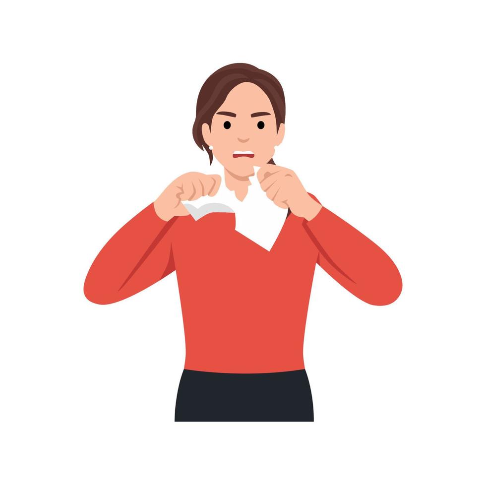 Furious businesswoman tearing paper with graphic or chart downturn stressed with business company failure. Mad woman employee distressed with bankruptcy or crisis. Flat vector illustration