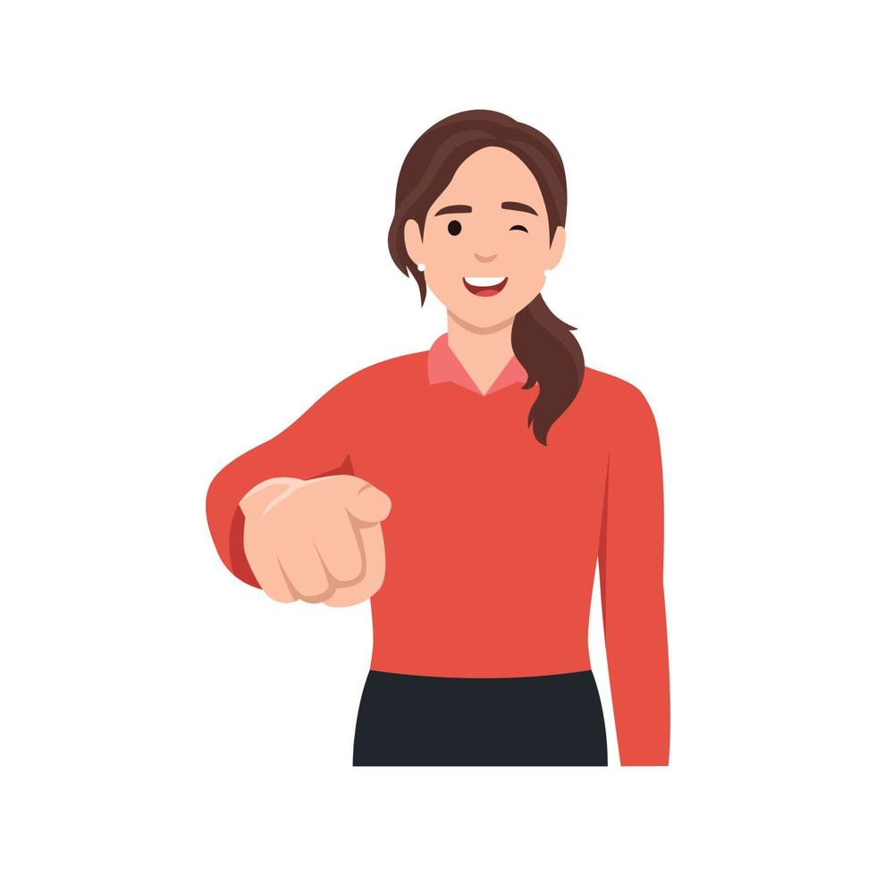Young woman pointing to the viewer smile and wink. Flat vector illustration isolated on white background