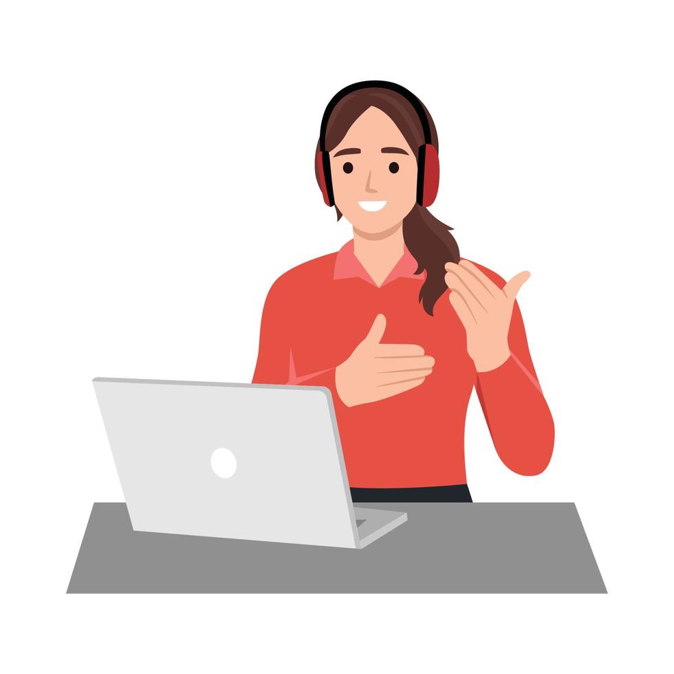 Customer service representative at computer in headset. isolated on white. Cartoon Phone Operator. Support center. Customer support. Flat vector illustration isolated on white