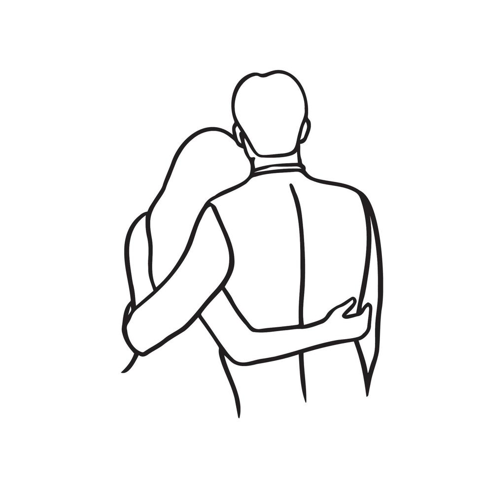 man and a woman stand with their backs to the viewer hugging - doodle sketch couple in love vector