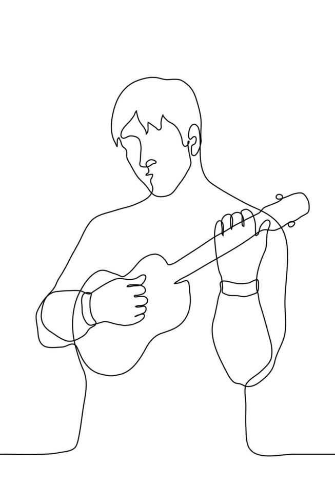 joven hombre soportes con un ukelele y obras de teatro. uno línea dibujo de un hombre jugando música en un pequeño guitarra vector