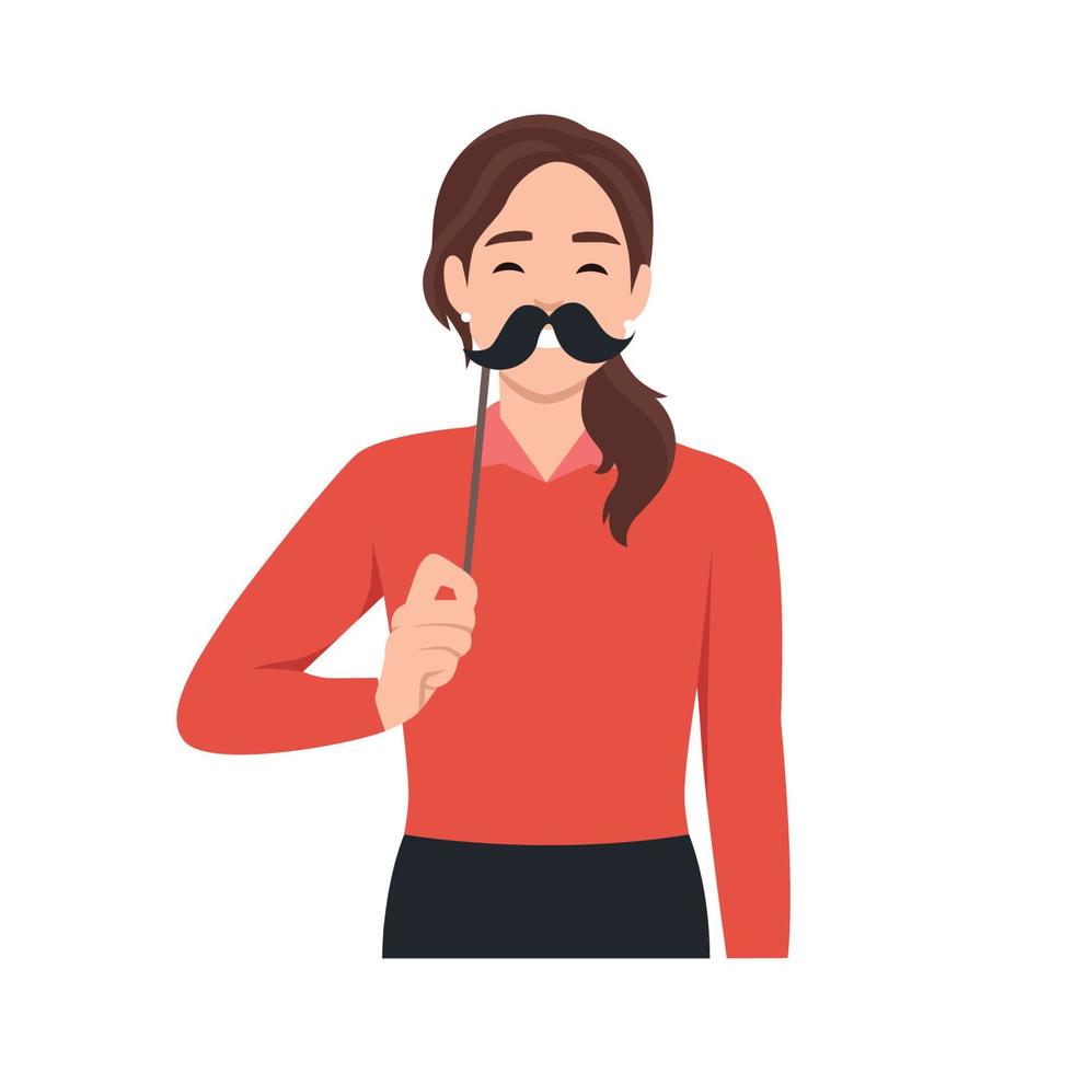 joven mujer participación falso Bigote. plano vector ilustración aislado en blanco antecedentes