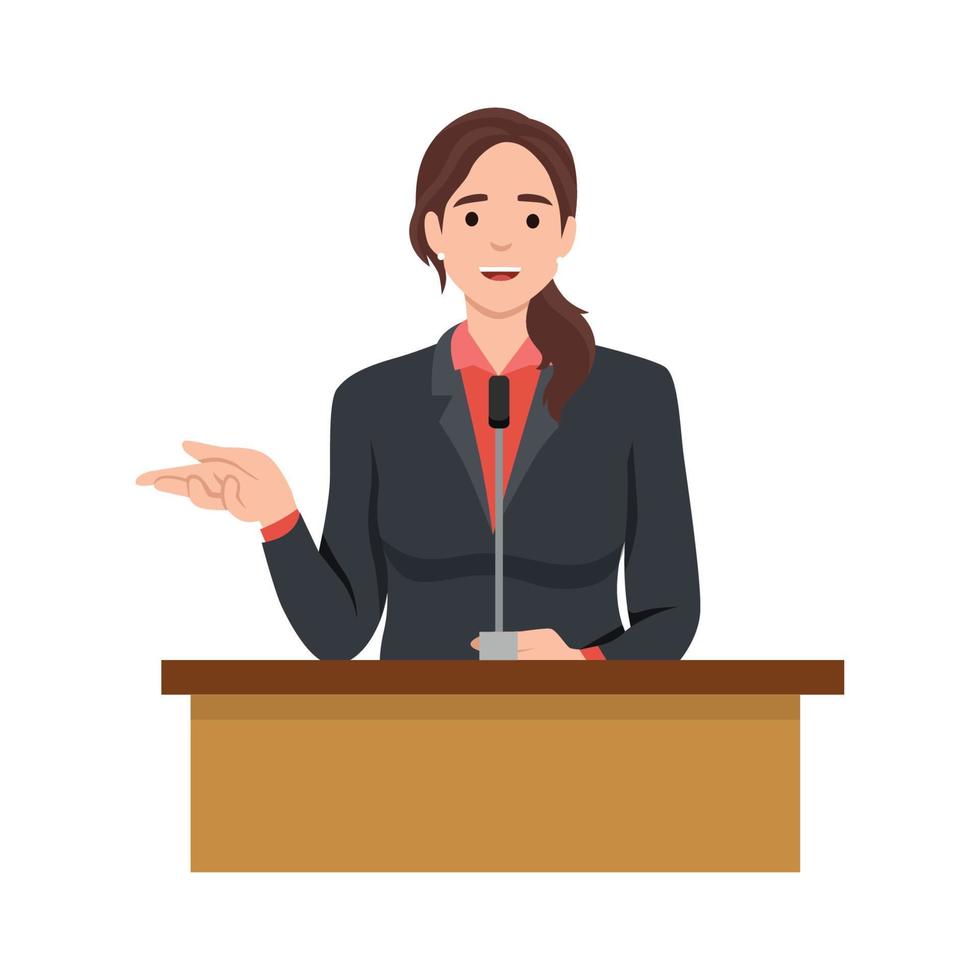 joven político mujer en pie detrás tribuna y dando un discurso, público altavoz personaje. plano vector ilustración aislado en blanco antecedentes
