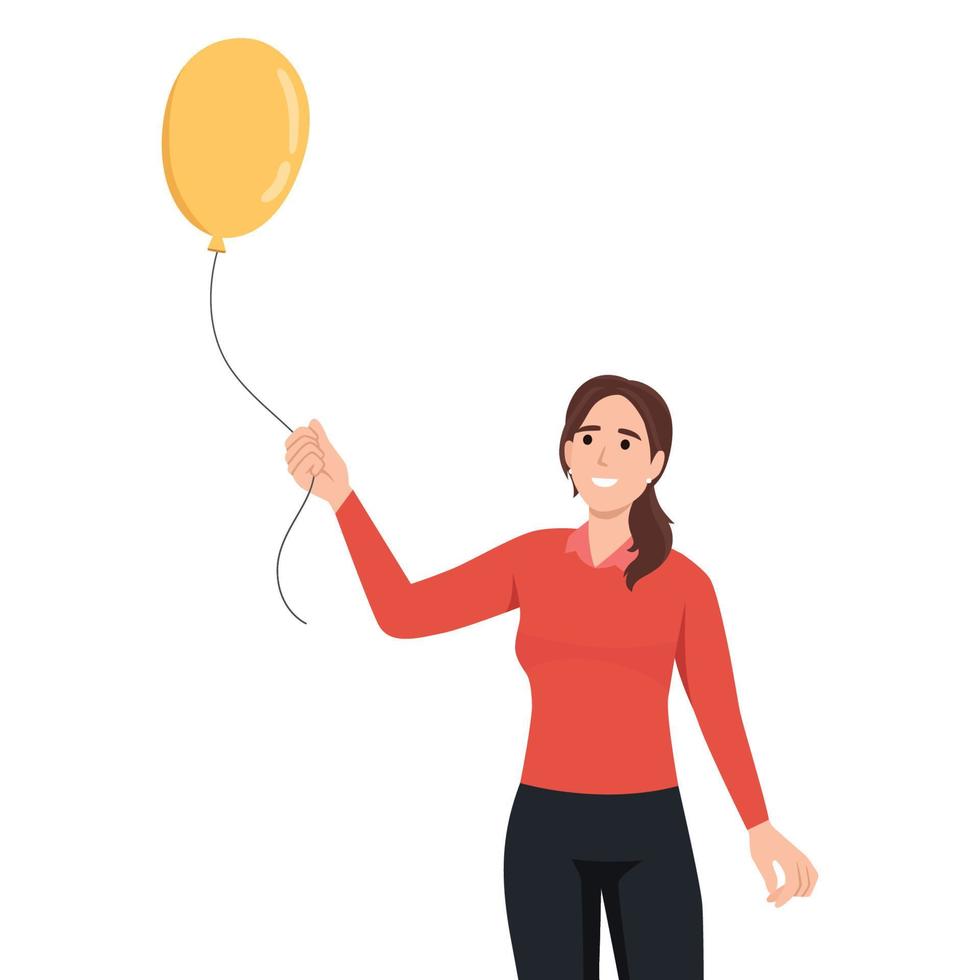 joven mujer pensando acerca de amor participación amarillo globo . plano vector ilustración aislado en blanco antecedentes