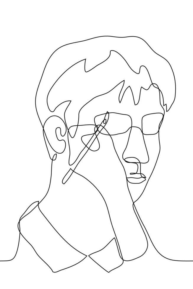 portrait of a man to whom someone's hand is applying makeup. One continuous line art make-up artist paints the man's eyebrows. Can be used for animation vector