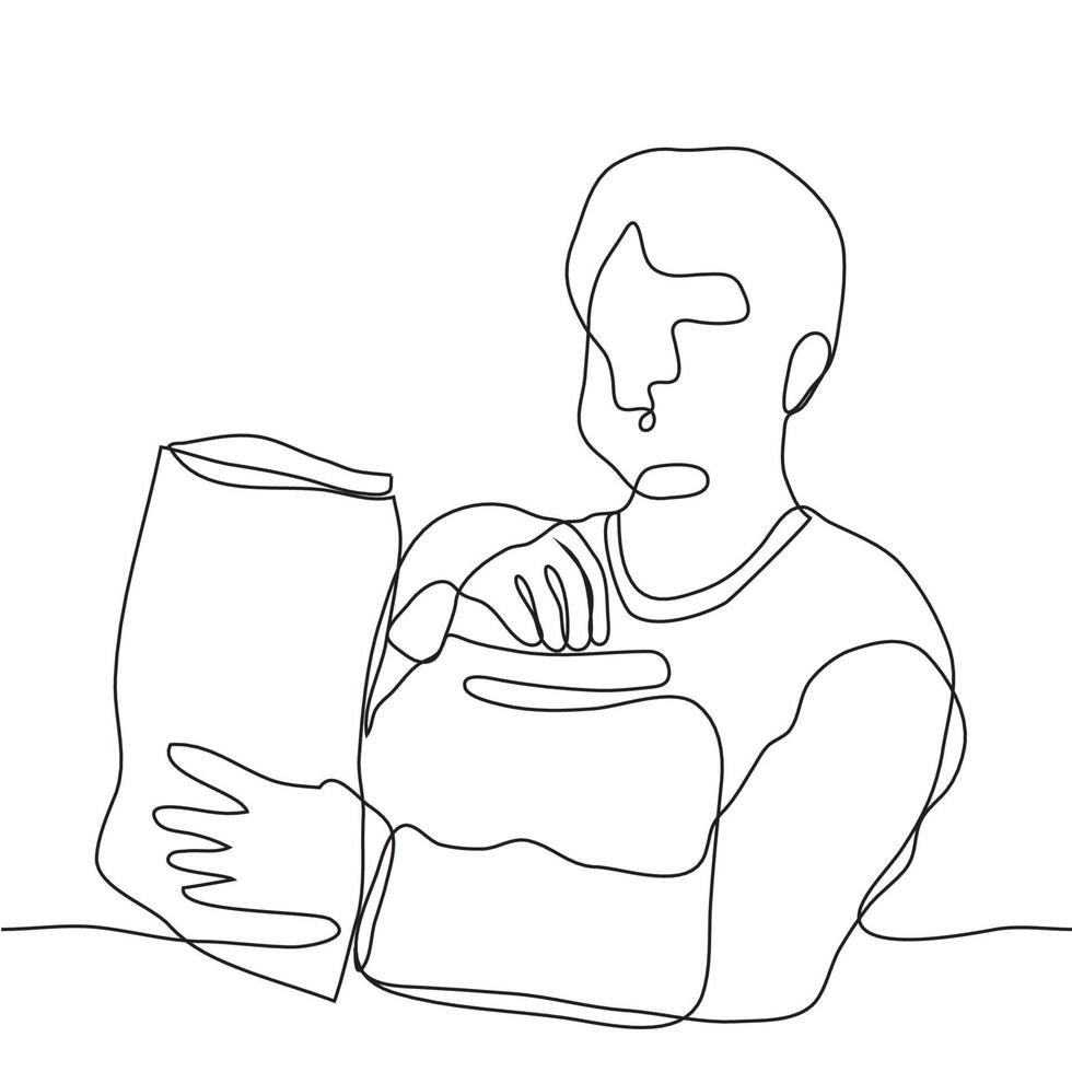 man chews and holds a huge can with snacks and a giant pack of chips in his hands. One continuous line art of a person eating. The concept of overeating, obesity, eating disorders, unhealthy eating vector