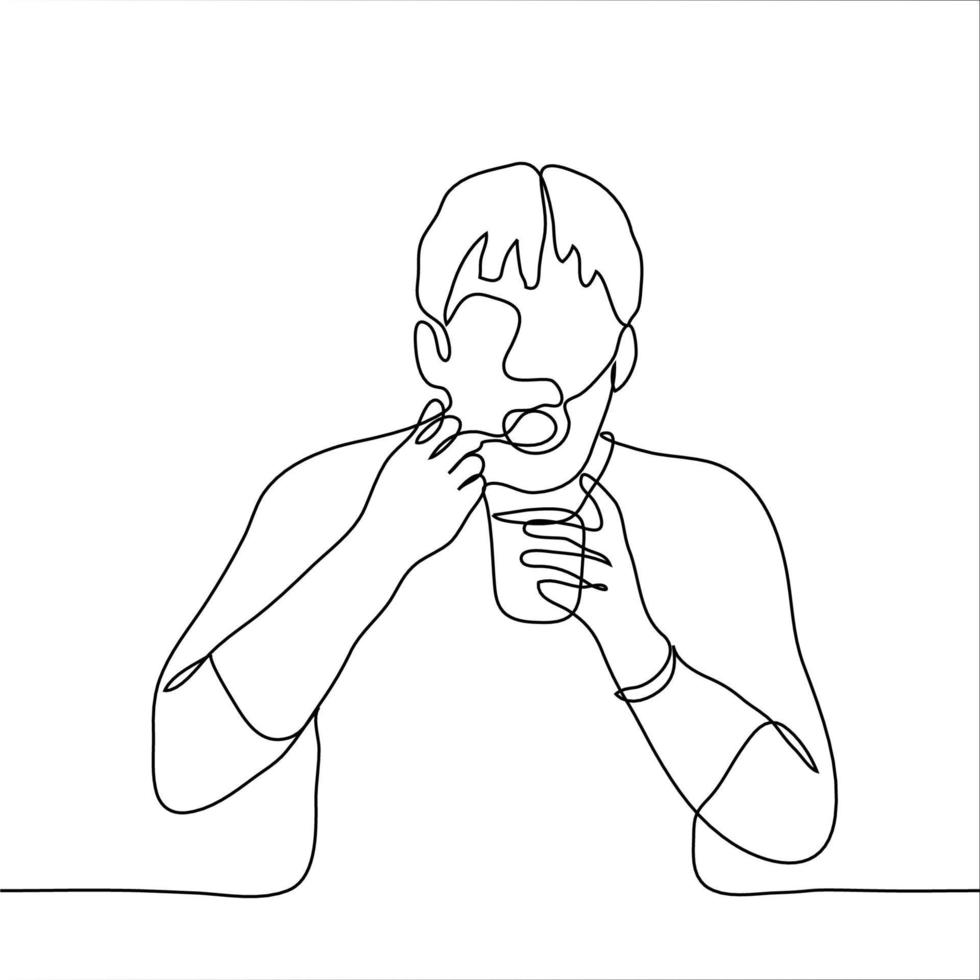 A man sits with his mouth open and holds a spoon in his mouth and a glass. One continuous line art of a man eating ice cream, yogurt vector