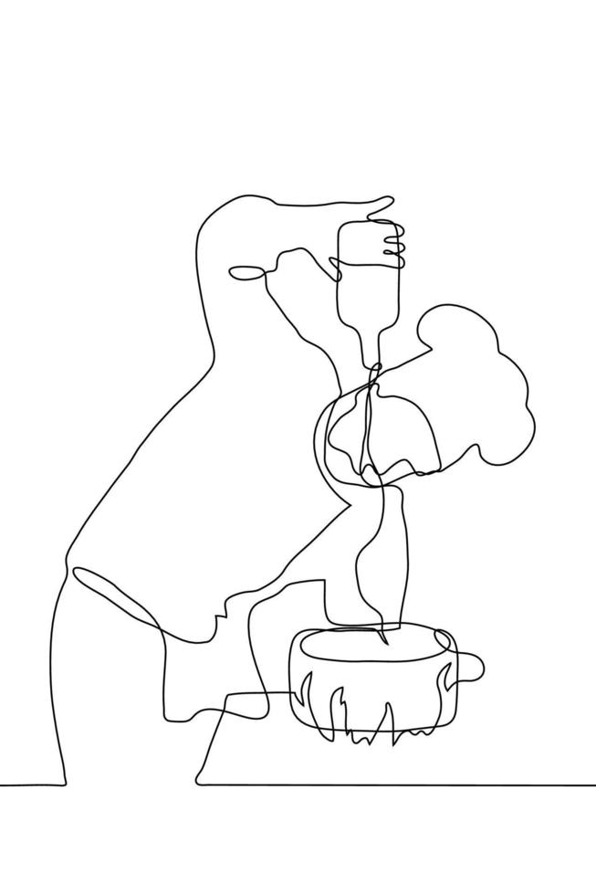 continuous line art chef pouring something from a bottle into a boiling pot. A man stands bent and cooks in a cook hat and uniform over a lit stove with a dish. Vector stock illustration