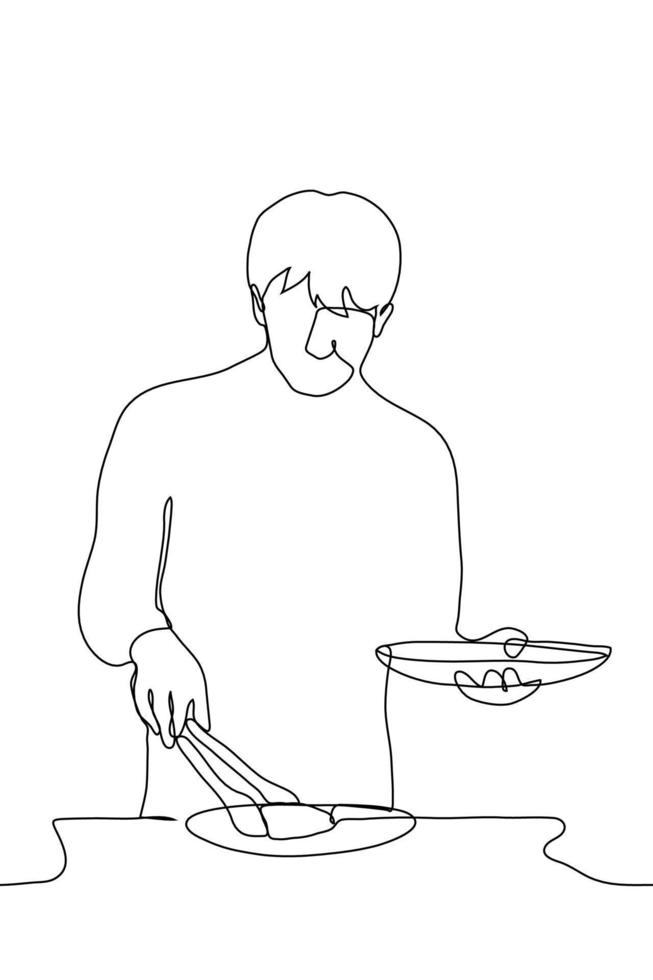 man stands holding a plate in his left hand in his right hand with kitchen tongs takes food from another plate. one line drawing concept man shifts food into his plate. vector