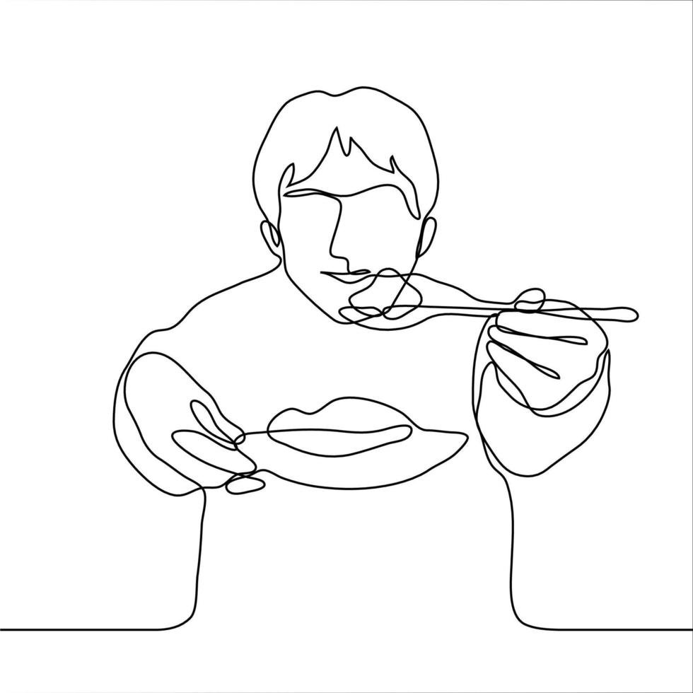 man smiles and sits holding out a spoon and plate full of food to the viewer, observer. one line drawing concept blogger doing mukbang, recipe illustration, homemade food vector