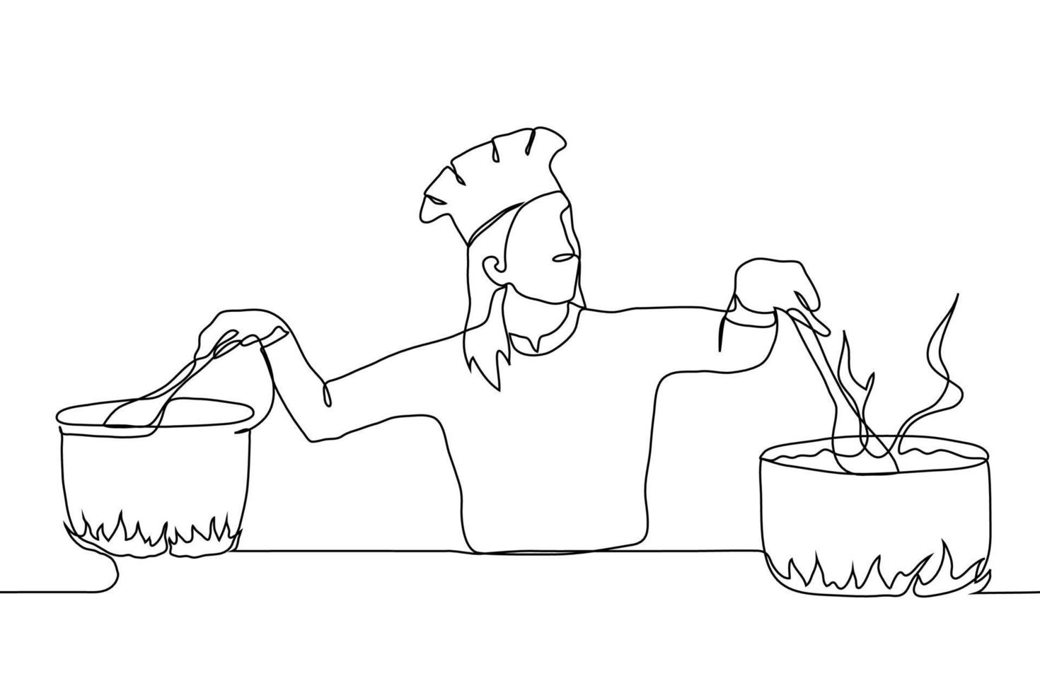 female chef in professional uniform stands stirring a cooking dish in two pans. one line drawing concept of a very busy chef in the cooking process. vector