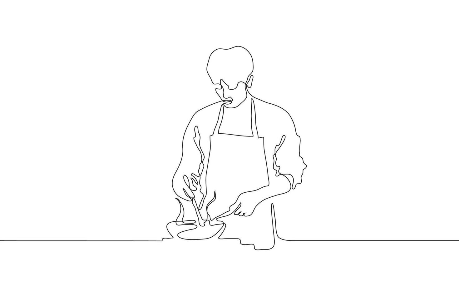 Continuous line drawing of a male cook in an apron holding a spoon which interferes with food in the pan. A man stands the stove and cooks. It can be used for animation. Vector