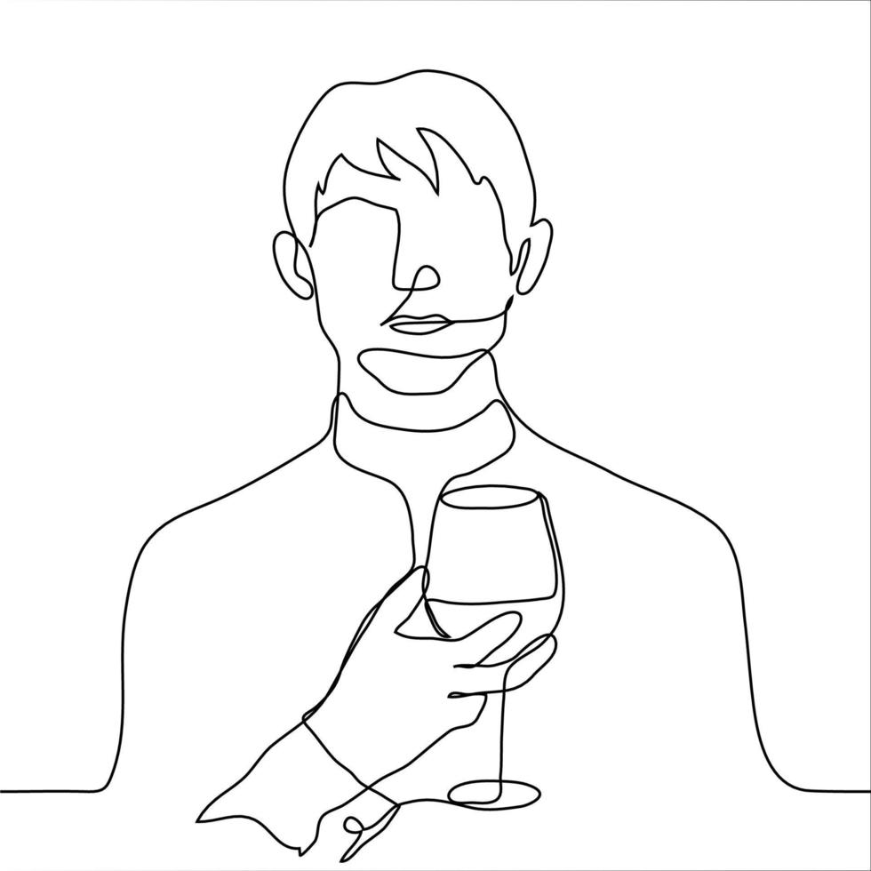 drawing of a short-haired man holding a round glass of drink in front of him. one continuous line of pictures a man is trying alcohol, a sommelier, a guest at a banquet vector