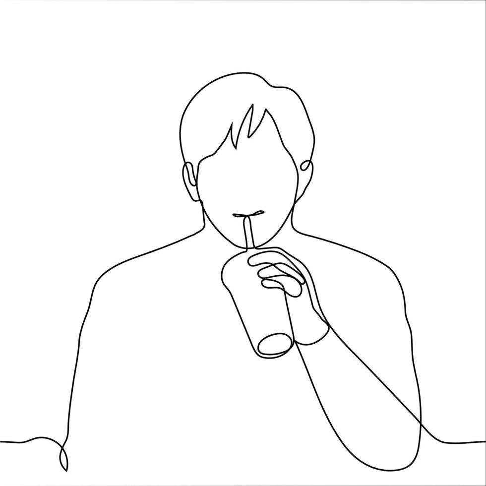 man sits and drinks with pleasure a drink from a plastic glass with a straw. one line drawing of drinking a delicious drink vector