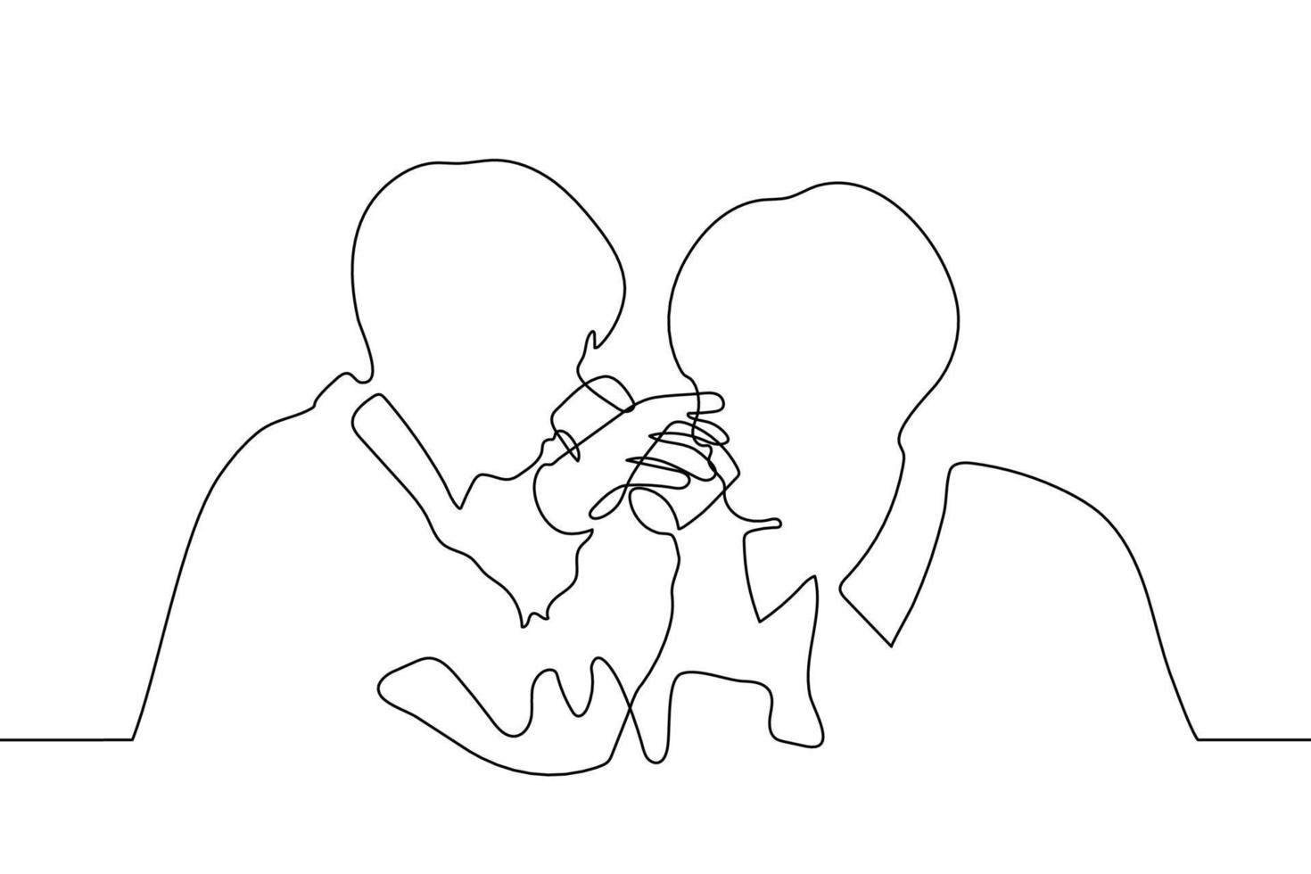 two men drink from glasses embracing their hands, they drink on a brudeschaft - one line drawing vector. the concept of drinking for friendship vector