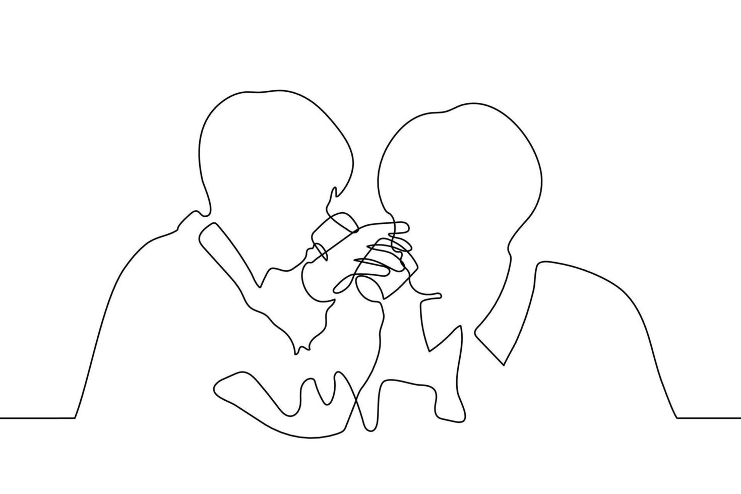 two men drink from glasses embracing their hands, they drink on a brudeschaft - one line drawing vector. the concept of drinking for friendship vector