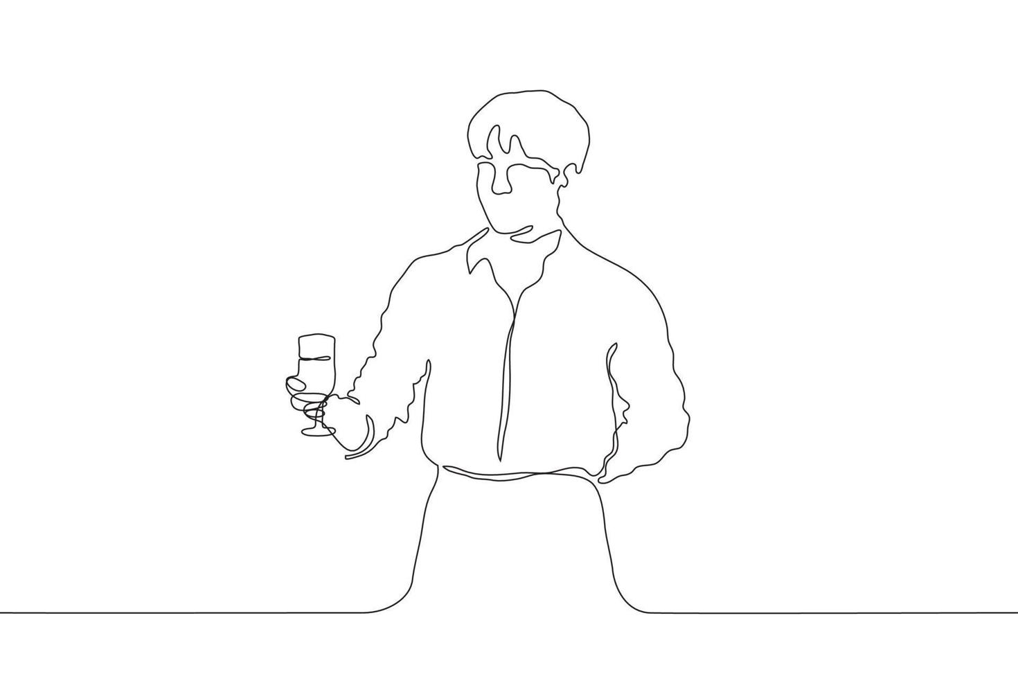 One continuous line drawing. A young attractive man holds a glass with a drink in his right hand, the left is laid behind. Waiter in a shirt and apron vector