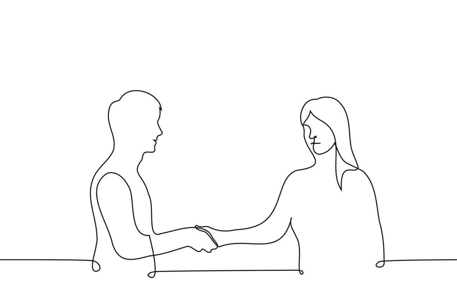 man smiles and shakes hands with a woman who is displeased or unpleasant - one line drawing vector. concept unreciprocal feeling, feeling irritated or angry at someone vector