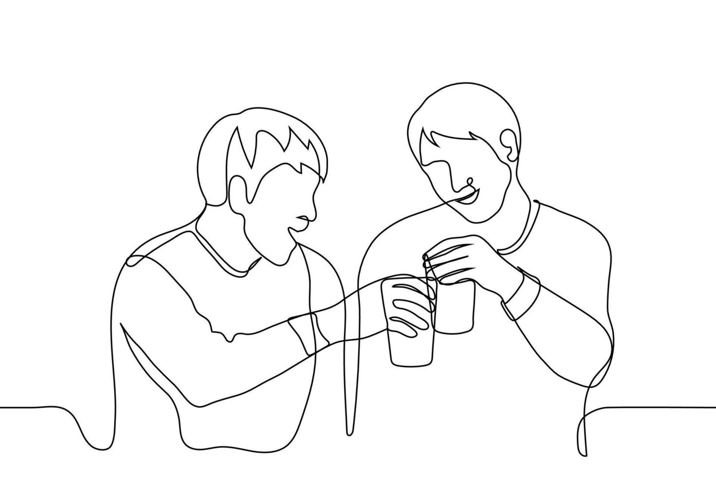 dos amigos tintinar lentes de cerveza y sonrisa - uno línea dibujo. reunión de amigos, negocio socios celebrando éxito, colegas Bebiendo en un bar después trabajar, dos alcohólicos disfrutando alcohol vector