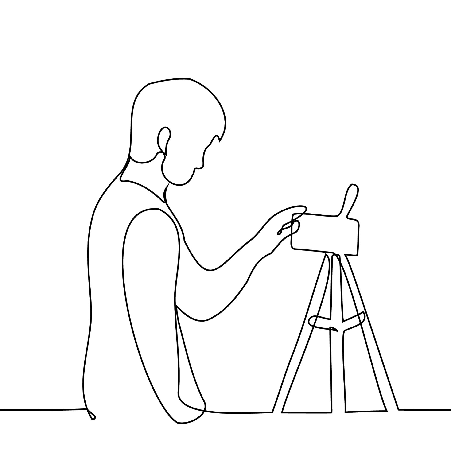 man adjusts a phone mounted on a tripod for shooting one line drawing