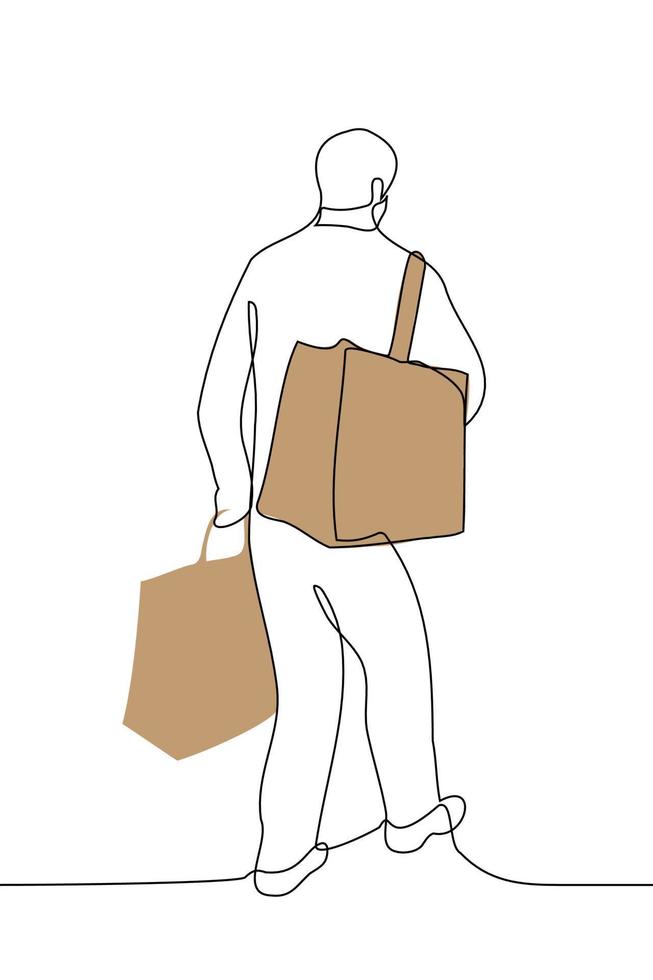 man walks away or walks with his back to the viewer with large craft bags - one line drawing vector. concept big purchases vector
