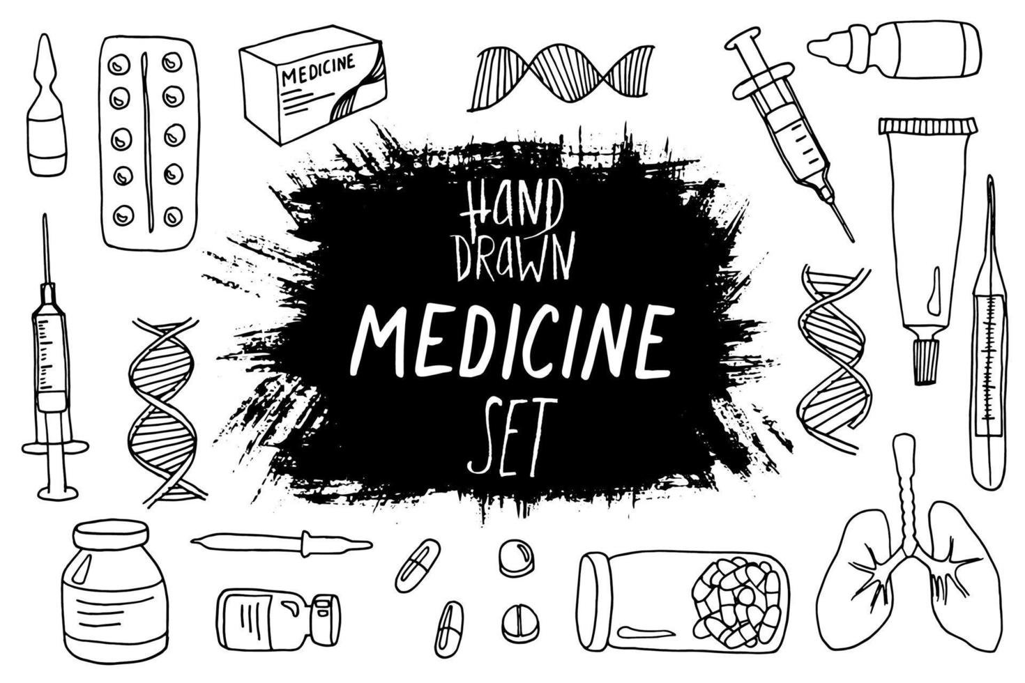 hand drawn vector set on a medical theme in doodle style medicine, tablet, capsule, syringe, tube, ointment, box, packaging, dna, rna, molecule, spiral, lungs, thermometer, jar of capsules, dropper