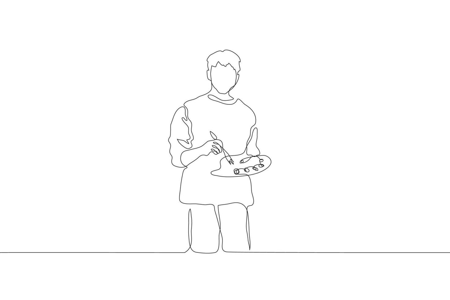 Continuous line art a young artist with a palette in his hands and a brush is facing the viewer. A man with short hair in simple clothes. Can be used for animation. The concept of creativity vector