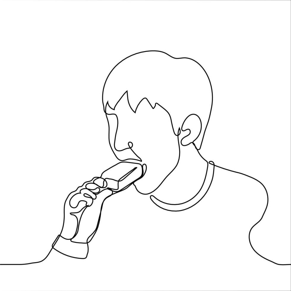 guy bites ice cream on a stick - one line drawing. a man greedily eats a popsicle, his mouth wide open in which the guy shoves a whole popsicle vector