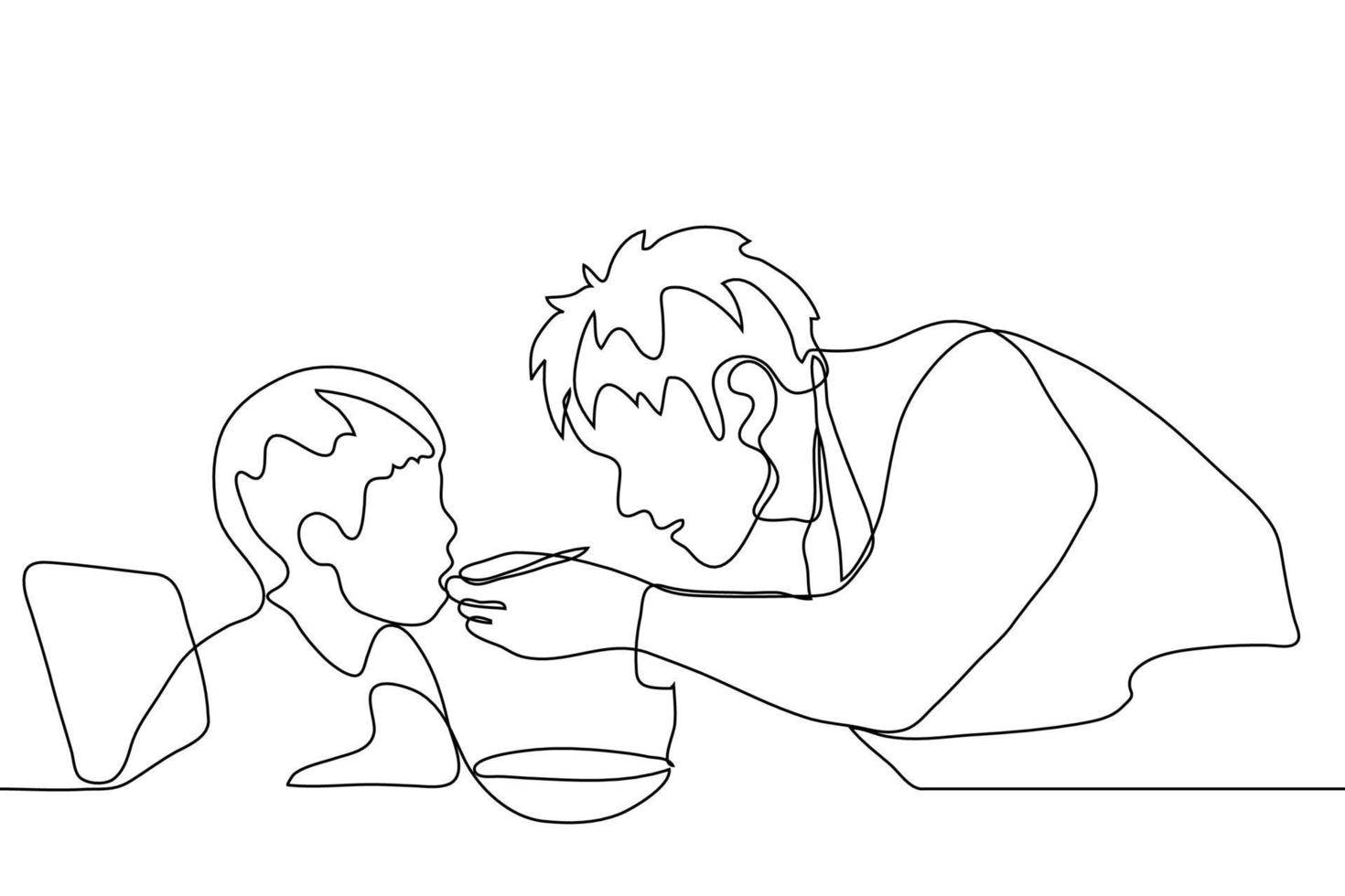 little boy and a man are sitting at the table, an adult feeds the child. Father feeds his son from a spoon. One continuous line drawing. Fathers Day, Children Day, Feeding, Baby Food. For animation vector