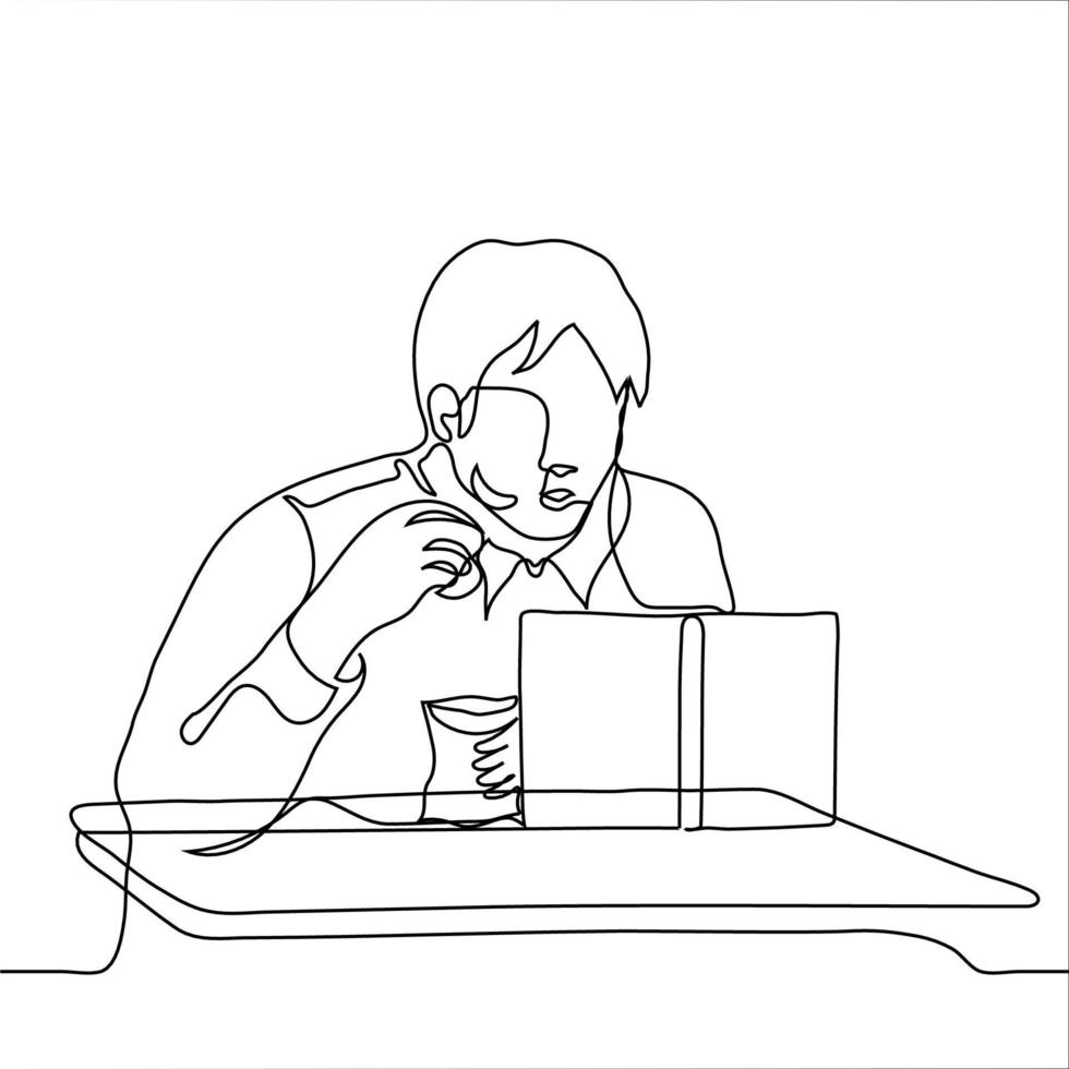 student eats hiding snacks behind a standing book - one line drawing. a sly and hungry young man, secretly from the teacher, is eating chips from the bags that stand behind an open upright textbook vector