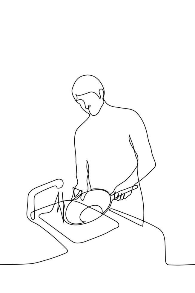 hombre Lavado platos - uno línea dibujo vector. un cabeza de familia o camarero lavados un grande fritura pan mientras en pie en frente de el lavabo con el grifo en vector