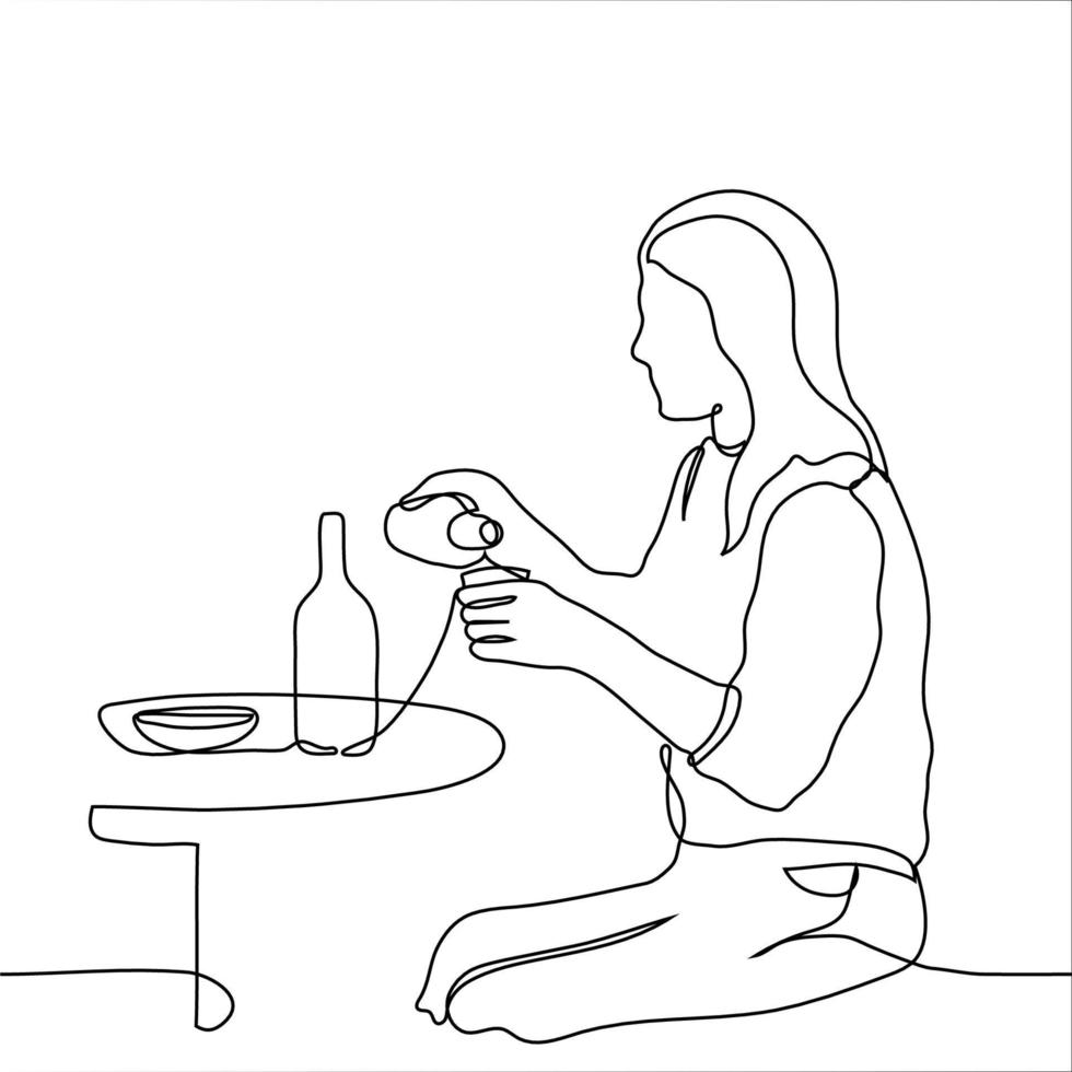 woman sits at a table and pours herself a drink from a bottle into a glass - one line drawing. a female alcoholic pours herself another alcohol while sitting at a round table in a cafe vector