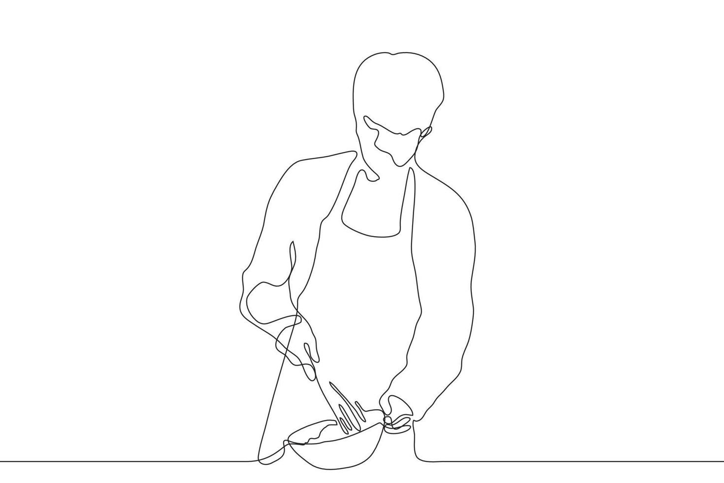 One continuous line art.The cook holds a mixing bowl and a whisk. A young man in an apron with a whisk, with his other hand holds a plate. Can be used for animation. Vector
