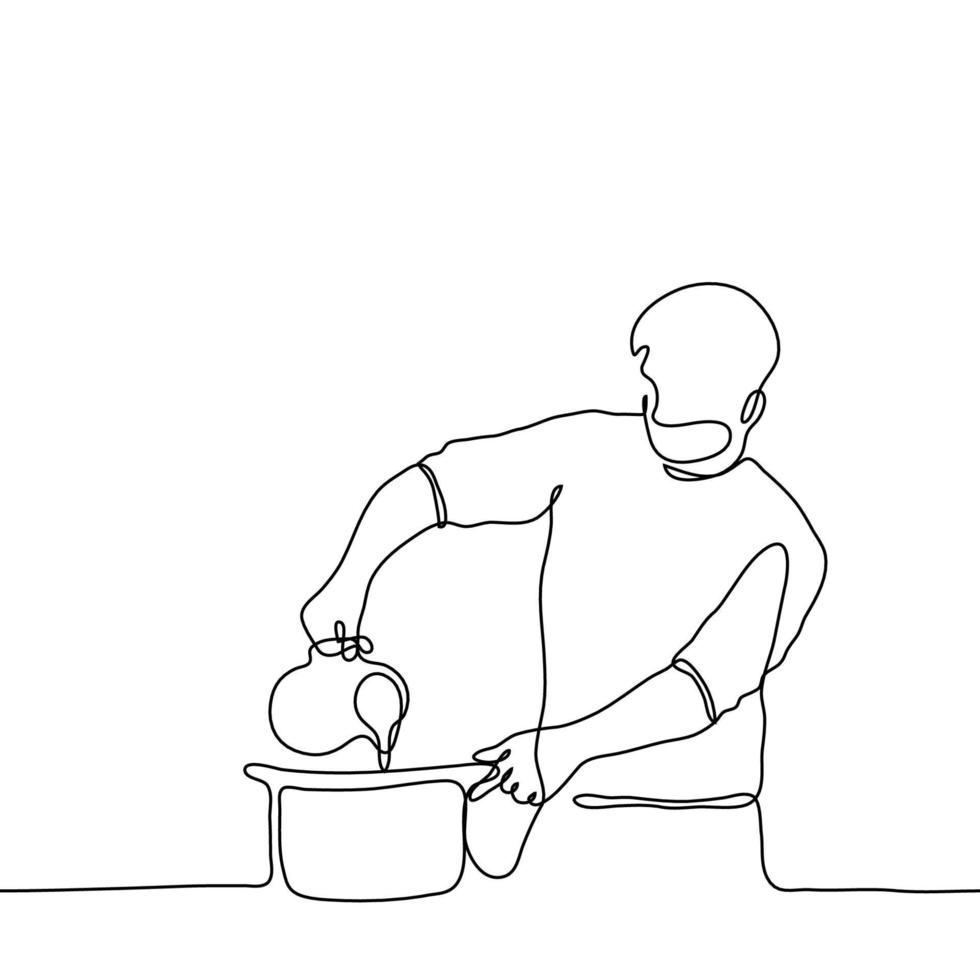 man is cooking at the stove. One continuous line art of a man holding a vessel and pouring liquid milk, vegetable oil, water, broth into a pot on the stove vector