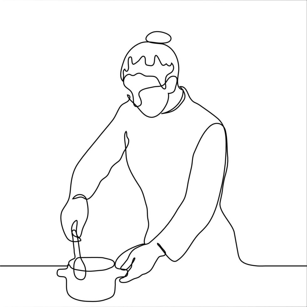 female chef is stirring food with a spoon in a pan. A woman is preparing food in professional cook clothes. One continuous line art cooking vector