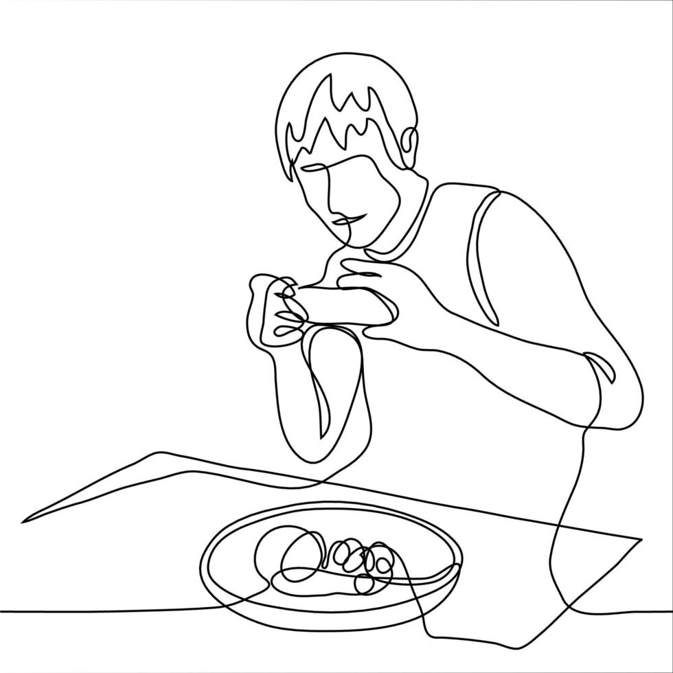 The guy takes a photo of food on the phone. One continuous line drawing of a man making a food photo. Can be used for animation. vector