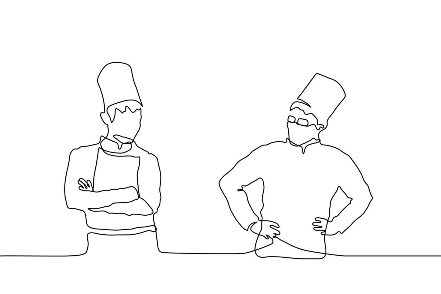 one line art drawing silhouette of two male chefs in caps standing and looking opposite each other. concept of versus, the rivalry of different folk cuisines, confrontation of two masters vector