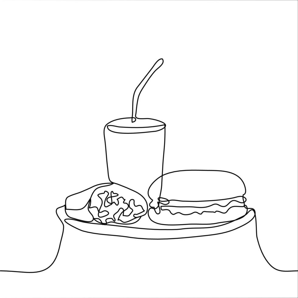 glass with a straw, french fries and a sandwich hamburger, cheeseburger stand on a round tray, large plate. One continuous line drawing vector