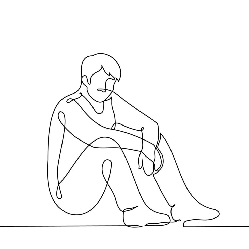 lleno longitud hombre se sienta en el piso con su codos en su rodillas - uno línea dibujo vector. concepto dilación, sentar en el piso o suelo vector