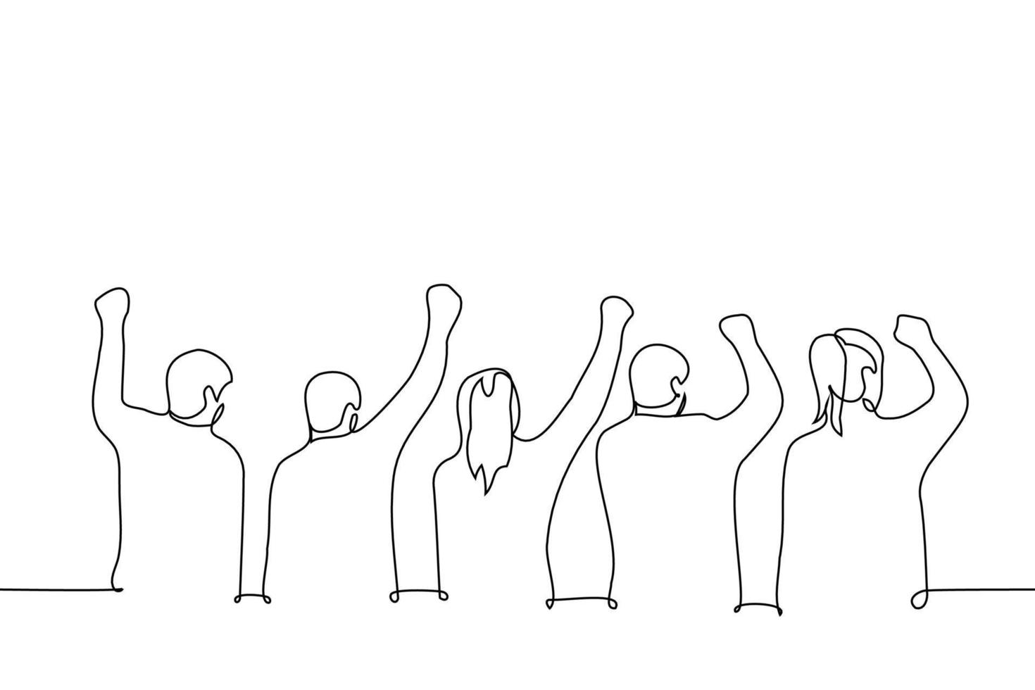 group of people with raised fists standing with their backs to the viewer - one line drawing vector. concept protest, rally, strike, crowd chanting vector