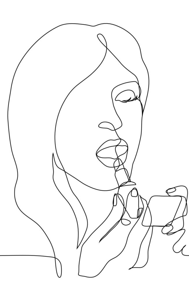 the face of a beautiful woman who paints her lips while looking in a small mirror. One continuous line drawing of a woman doing her makeup vector