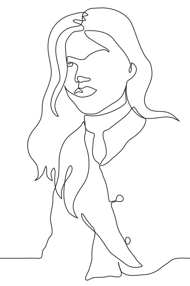 portrait of a young woman with long flowing hair, she sits in a coat and looks to the side. one continuous line drawing of a beautiful woman wearing a raincoat vector
