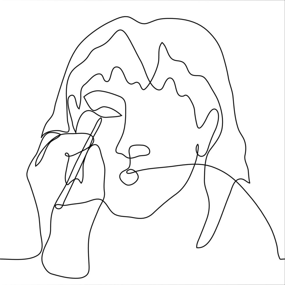 face of a woman with long flowing hair who applies makeup to her eyes with a pencil and her mouth is open. One continuous line drawing of a girl doing her makeup vector