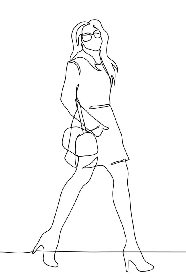 slender young woman in a short coat, sunglasses and high heels walks holding her hand with a bag in her pocket. A beautiful woman with long flowing hair walks with a wide stride looking at the observe vector